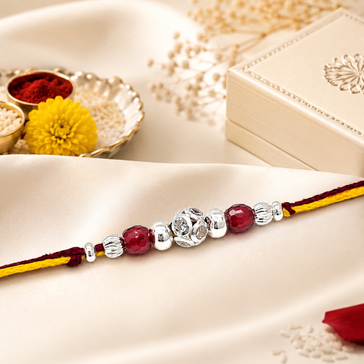 Silver Rakhi Red Crystal And Silver Sphere Design For Mens